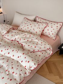 Super Soft Sleep Naked Class A Cotton Double-layer Yarn Four-piece Set (Option: Sweet Strawberry-150cm Fitted Sheet 4pcs Set)